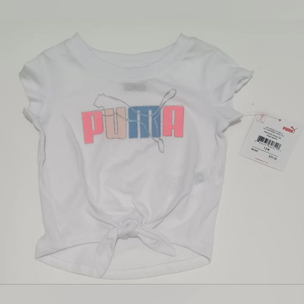 Puma Kids Girl 2 Pcs Brand Logo Tee and Shorts Set, White/Neon Pink Size 12M - Picture 3 of 11